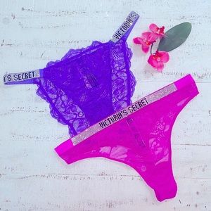 Victoria’s Secret Pink Purple Bundle Lace Shine Strap Brazilian Thong Bundle